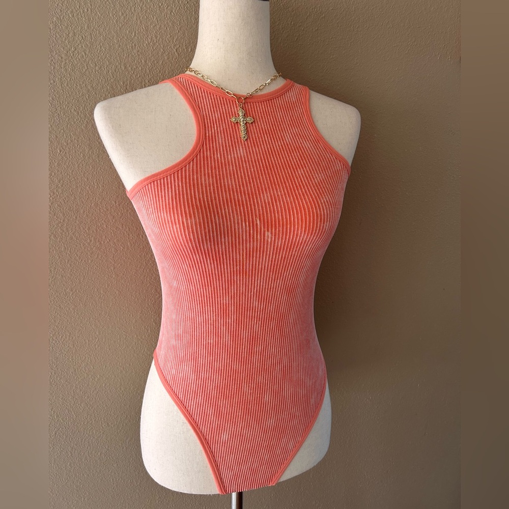 Mineral wash ribbed bodysuit in orange
